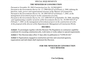 Decision No. 10/2008/QD-BXD of June 25, 2008, promulgating the regulation on contractors capability conditions for executing construction jobs, workttems or works subject to special requirements.