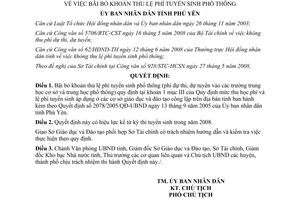 Quyết định 1001/QĐ-UBND năm 2008 bãi bỏ khoản thu lệ phí tuyển sinh phổ thông Phú Yên