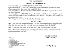 Quyết định 10/2008/QĐ-BXD Quy định điều kiện năng lực nhà thầu khi thi công, hạng mục công trình hoặc công trình xây dựng có yêu cầu đặc biệt