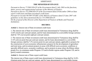 Decision No. 44/2008/QD-BTC of June 26, 2008, promulgating interest rates of state export and investment credit loans and interest rate difference for calculating post-investment assistance.