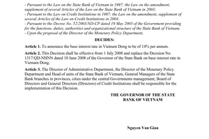 Decision No. 1434/QD-NHNN of June 26, 2008, on the base interest rate in Vietnam dong.