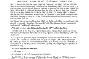 Thông báo 279/TB-BGTVT kết luận Bộ trưởng Bộ GTVT Chủ tịch Ủy ban an toàn giao thông quốc gia Hồ Nghĩa Dũng làm việc lãnh đạo tỉnh Thái Bình