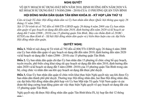Nghị quyết 37/2008/NQ-HĐND quy hoạch sử dụng đất đến năm 2010, định hướng đến năm 2020 và kế hoạch sử dụng đất 5 năm (2006 - 2010) quận Tân Bình