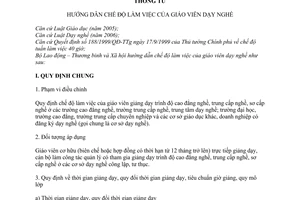 Thông tư 09/2008/TT-BLĐTBXH chế độ làm việc giáo viên dạy nghề