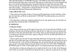 Công văn  2294/LĐTBXH-BVCSTE Thực hiện QĐ 19/2004/QĐ-TTg Ngăn ngừa và giải quyết tình trạng trẻ em lang lang, bị xâm phạm tình dục và LĐ nặng