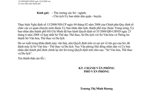 Công văn  5432/VP-VX đính chính nội dung QĐ 55/2008/QĐ-UBND hợp nhất Sở TDTT, Sở Du lịch với Sở VHTT thành Sở Văn hóa, Thể Thao và Du Lịch