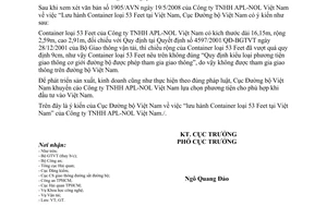 Công văn 2838/CĐBVN-GT Không lưu hành xe Container loại 53 feet tại Việt Nam