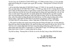 Công văn  2529/LĐTBXH-PC  giải đáp pháp luật lao động đối với người nước ngoài