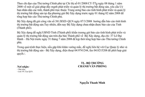 Công văn 235/BXD-VP  triển khai thực hiện CT 01/2008/CT-TTg