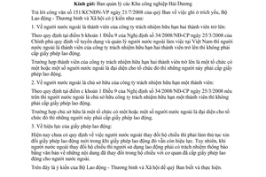 Công văn  170/CVL-BHTN&QLLD cấp giấy phép cho người lao động nước ngoài làm việc tại Việt Nam