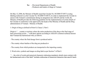 Official dispatch 7043/QLD-TT guideline implementation Circular No. 04/2008/TT-BYT drug labeling