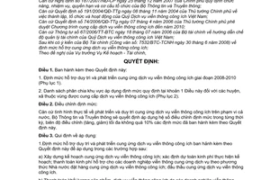 Quyết định 40/2008/QĐ-BTTTT về việc ban hành Định mức hỗ trợ duy trì và phát triển cung ứng dịch vụ viễn thông công ích giai đoạn 2008-2010