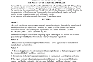 Decision No. 16/2008/QD-BCT of July 03, 2008 on the application of provisional regulations on automatic export licensing for iron and steel