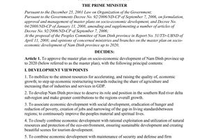 Decision No. 87/2008/QD-TTg of July 3, 2008, approving the master plan on socio-economic development of Nam Dinh province up to 2020.