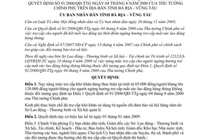 Quyết định 38/2008/QĐ-UBND nâng mức trợ cấp mất sức lao động tại Bà Rịa Vũng Tàu