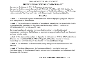 Decision No. 07/2008/QD-BKHCN of July 08, 2008, promulgating the list of prepackaged goods subject to state management of measurement.