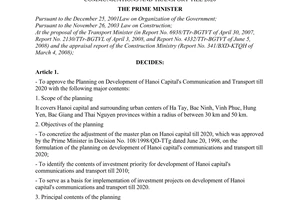 Decision No. 90/2008/QD-TTg of July 09, 2008 approving the planning on development of Hanoi Capital’s communications and transport till 2020