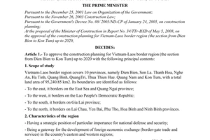 Decision No. 864/QD-TTg of July 9, 2008, approving the construction planning for Vietnam-Laos border region (the section from dien bien to kon tum) up to 2020.