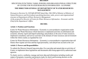 Decision No. 62/QD-TNN of July 10, 2008, specifying functions, tasks, powers and organizational structure of Centre for Water Resources Information - Economic