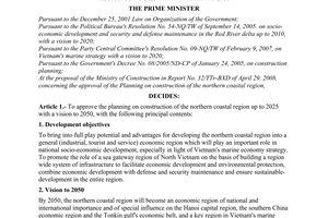 Decision No. 865/QD-TTg of July 10, 2008, approving the planning on construction of the northern coastal region up to 2025 with a vision to 2050.
