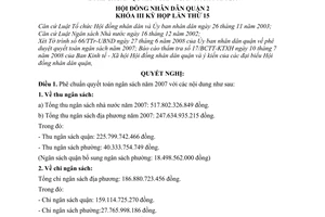 Nghị quyết 06/2008/NQ-HĐND phê chuẩn quyết toán ngân sách năm 2007 quận 2