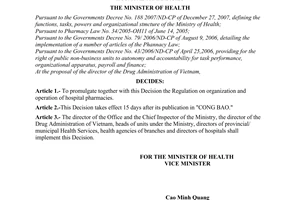 Decision No. 24/2008/QD-BYT of July 11, 2008, promulgating the regulation on organization and operation of hospital pharmacies.