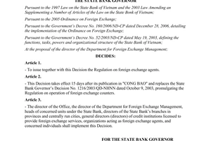 Decision No. 21/2008/QD-NHNN of July 11, 2008 issuing the regulation on foreign exchange agents