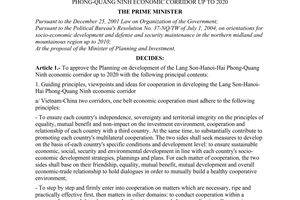 Decision No. 98/2008/QD-TTg of July 11, 2008, approving the planning on development of the Lang Son-Ha Noi-Hai Phong-Quang Ninh economic corridor up to 2020.