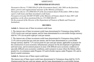 Decision No. 52/2008/QD-BTC of July 14, 2008, promulgating interest rates of state export and investment credit loans and interest rate difference for calculating post-investment assistance.