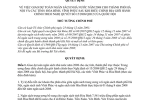 Quyết định 915/QĐ-TTg giao dự toán Ngân sách Nhà nước năm 2008 cho thành phố Hà Nội và Hòa Bình, Vĩnh Phúc sau khi điều chỉnh địa giới hành chính