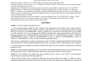 Decision No. 54/2008/QD-BTC on the import duty rates applicable to imported good