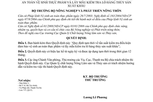 Quyết định 2147/QĐ-BNN-QLCL Quy định tạm thời tần suất kiểm tra điều kiện đảm bảo vệ sinh an toàn thực phẩm và lấy mẫu kiểm tra lô hàng thủy sản XK