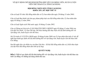 Nghị quyết 20/2008/NQ-HĐND chế độ dinh dưỡng vận động viên huấn luyện viên thể thao Cao Bằng