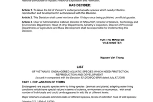 Decision No. 82/2008/QD-BNN of July 17, 2008, regarding declaration of the list of endangered aquatic species in Vietnam which need protection, reproduction and development