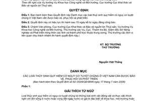 Quyết định 82/2008/QĐ-BNN công bố danh mục các loài thuỷ sinh quý hiếm có nguy cơ tuyệt chủng ở Việt Nam cần được bảo vệ, phục hồi và phát triển