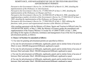 Circular No. 64/2008/TT-BTC of July 18, 2008, amending and supplementing The Finance Ministry’s Circular No. 67/2004/TT-BTC of July 7, 2004, providing for the regime of collection, remittance, and management of use of the fees for granting advertisement permits