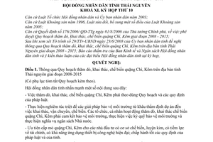 Nghị quyết 10/2008/NQ-HĐND thông qua Quy hoạch thăm dò, khai thác, chế biến quặng chì, kẽm trên địa bàn tỉnh Thái nguyên giai đoạn 2008-2015