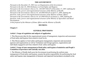 Decree of Government No. 79/2008/ND-CP of July 18, 2008, on the organizational system of management, inspection and assessment of food safety and hygiene