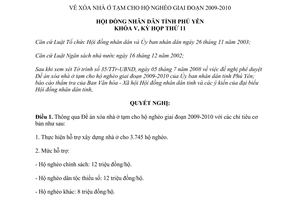Nghị quyết 98/2008/NQ-HĐND xóa nhà ở tạm cho hộ nghèo giai đoạn 2009 2010 Phú Yên