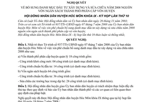 Nghị quyết 50/2008/NQ-HĐND bổ sung danh mục đầu tư xây dựng và sửa chữa năm 2008 nguồn vốn ngân sách thành phố phân cấp vốn huyện