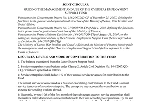 Joint Circular No. 11/2008/TTLT-BLDTBXH-BTC of July 21, 2008, guiding the management and use of the overseas employment support fund.