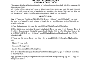 Nghị quyết 08/2008/NQ-HĐND chỉnh, bổ sung kế hoạch đầu tư - sửa chữa - duy tu năm 2008 quận 10