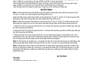 Quyết định 39/2008/QĐ-BGDĐTmẫu Giấy chứng nhận hoàn thành chương trình lớp 10, lớp 11 và lớp 12 ở cấp trung học phổ thông