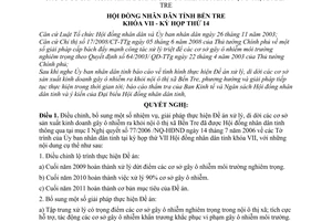 Nghị quyết 10/2008/NQ-HĐND bổ sung nhiệm vụ và biện pháp tiếp tục thực hiện Đề án xử lý, di dời các cơ sở sản xuất kinh doanh gây ô nhiễm ra khỏi nội ô thị xã Bến Tre do Hội đồng nhân dân tỉnh Bến Tre khóa VII, kỳ họp thứ 14 ban hành