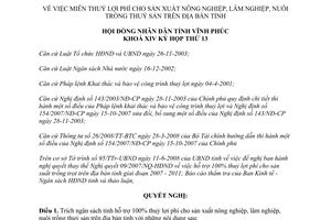 Nghị quyết 21/2008/NQ-HĐND miễn thuỷ lợi phí sản xuất nông lâm nuôi trồng thuỷ sản Vĩnh Phúc