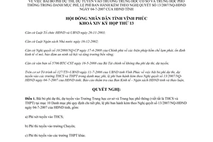 Nghị quyết số 17/2008/NQ-HĐND ngày 25/7/2008 của HĐND tỉnh Vĩnh Phúc về việc bãi bỏ phí dự thi, dự tuyển vào THCS và THPT trong danh mục phí, lệ phí b