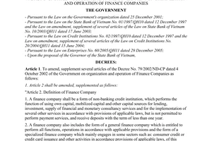 Decree No. 81/2008/ND-CP of July 29, 2008, on the amendment, supplement of several articles of the Decree No. 79/2002/ND-CP October 04, 2002 of the Government on organization and operation of finance companies.