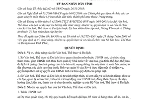 Quyết định 37/2008/QĐ-UBND vị trí chức năng nhiệm vụ quyền hạn Sở Văn hoá Thể thao Du lịch Vĩnh Phúc