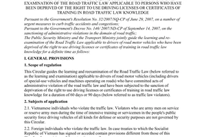 Joint circular No. 04/2008/TTLT-BCA-BGTVT of July 31,2008, guiding the learning and re-examination of the Road Traffic Law applicable to persons who have been deprived of the right to use driving licenses or certificates of training in Road Traffic Law knowledge
