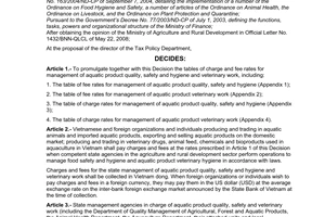 Decision No. 60/2008/QD-BTC of July 31, 2008 prescribing the collection, remittance, management and use of charges and fees for management of aquatic product quality, safety and hygiene and veterinary work.